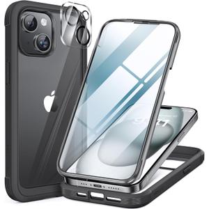 Miracase Glass Series Designed for iPhone 15 Plus Case 6.7',Full-Body Military Drop Proof 15 Plus Phone Case Cover with Built-in 9H Tempered Glass Screen Protector, Black