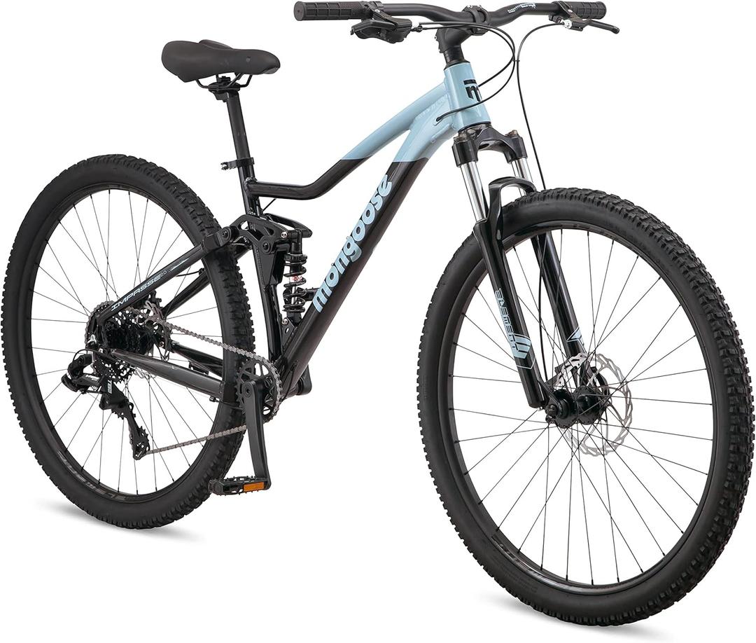 Mongoose Impasse 2.0 Dual Mens and Womens Mountain Bike, 29-Inch Wheels, 17-Inch Aluminum Frame, Twist Shifters, 8- Speed Rear Deraileur, Front and Rear Disc Brakes, Black/ Blue