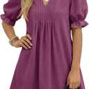 Wenrine Womens Summer Puff Short Sleeve Mini Dress Textured Casual Loose V Neck Ruffle Babydoll Dresses (Purple)
