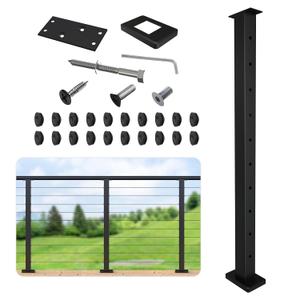 Level Drilled Cable Railing Post 36" (35"X2"x2"), Flat Bracket Stainless Steel Deck Railing Post, Black Level Holes Railing Post for Horizontal Cable Systems, Surface Mount Metal Post for Deck (1P)