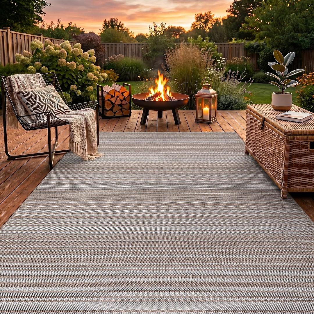 Outdoor Rug 8x10 Beige Washable Outside Rugs for Patios Porches Stiripe Linear Modern Waterproof Durable Non-Shedding, Easy-to Clean Deck Balcony Indoor Outdoor Carpet (8 x 10 Beige)