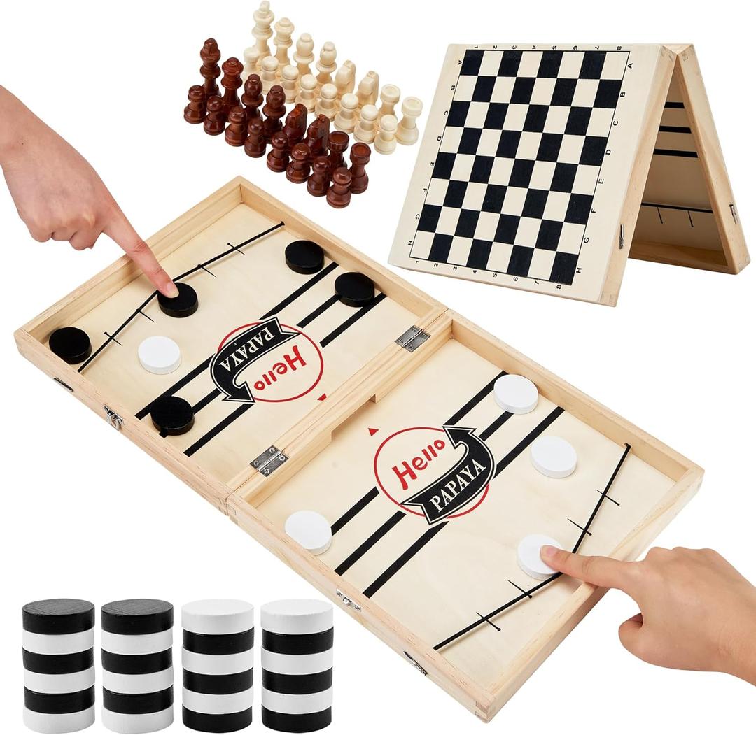 HELLO PAPAYA Foldable Fast Sling Puck Game with Chess Board and Checkers Board, Tic Tac Toe. Wooden Air Hockey Family Night,Table Games Gifts for Adults and Kids (Large)