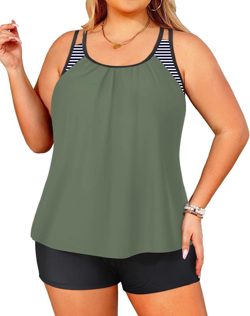 Tempt Me Women Plus Size Tankini Swimsuits - Two Piece Tummy Control Bathing Suits with Shorts 2025 Swimwear (Army Green, 18+)