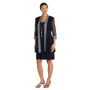R&M Richards Women's Evening Jacket Dress W/Sparkling Metallic Trim & Necklace, Size: 14