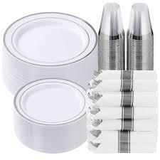 350-Piece Silver Rim Plastic Dinnerware Set for 50 Guests, Elegant Disposable Dinnerware for Party, Wedding, Includes Dinner Plates, Dessert Plates, Silverware, Napkins, Cups, Missing Some Cups