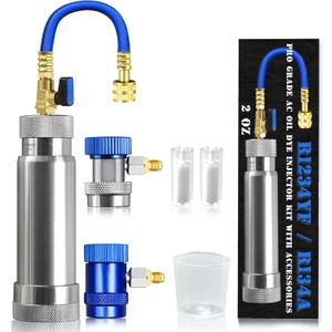 R1234YF & R134A AC Oil Dye Injector Kit with 2 Snap Quick Couplers 2 Oil Checkers 2oz Measuring Cup