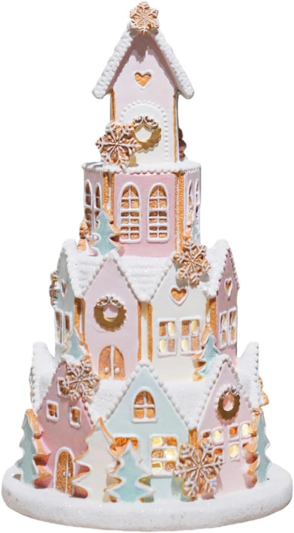 Braxio Indoor Christmas Decorations Resin Gingerbread House with LED Light - Traditional Cottage & Church Christmas Village Collectible Figurines, 5.0 x 5.0 x 8.25 Inch, Pink