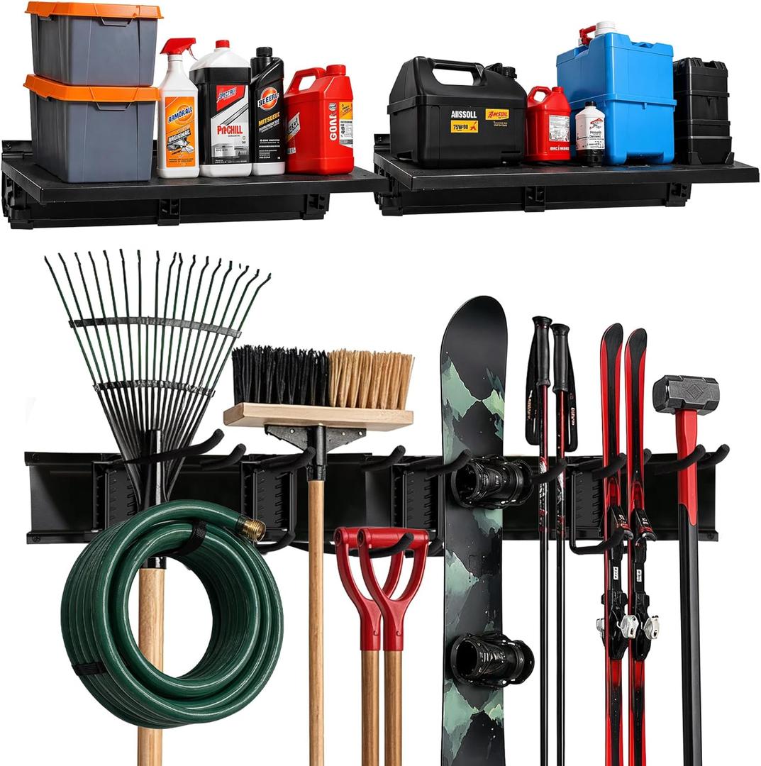 TIDYME Heavy-Duty Garage Wall Storage System | Wall Mounted Tool Organizer Rack with Shelving | 12-Piece Mounting Kit | 6x10 Double-Layered Hooks & 2x24 Floating Utility Shelves