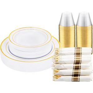 DaYammi 210PCS Gold Plastic Dinnerware Set Gold Plates Disposable Disposable Plates for Party Include: 30 Dinner Plates,30 Dessert Plates,30 Pre Rolled Napkins with Gold Silverware, 30 Cups for Wedding