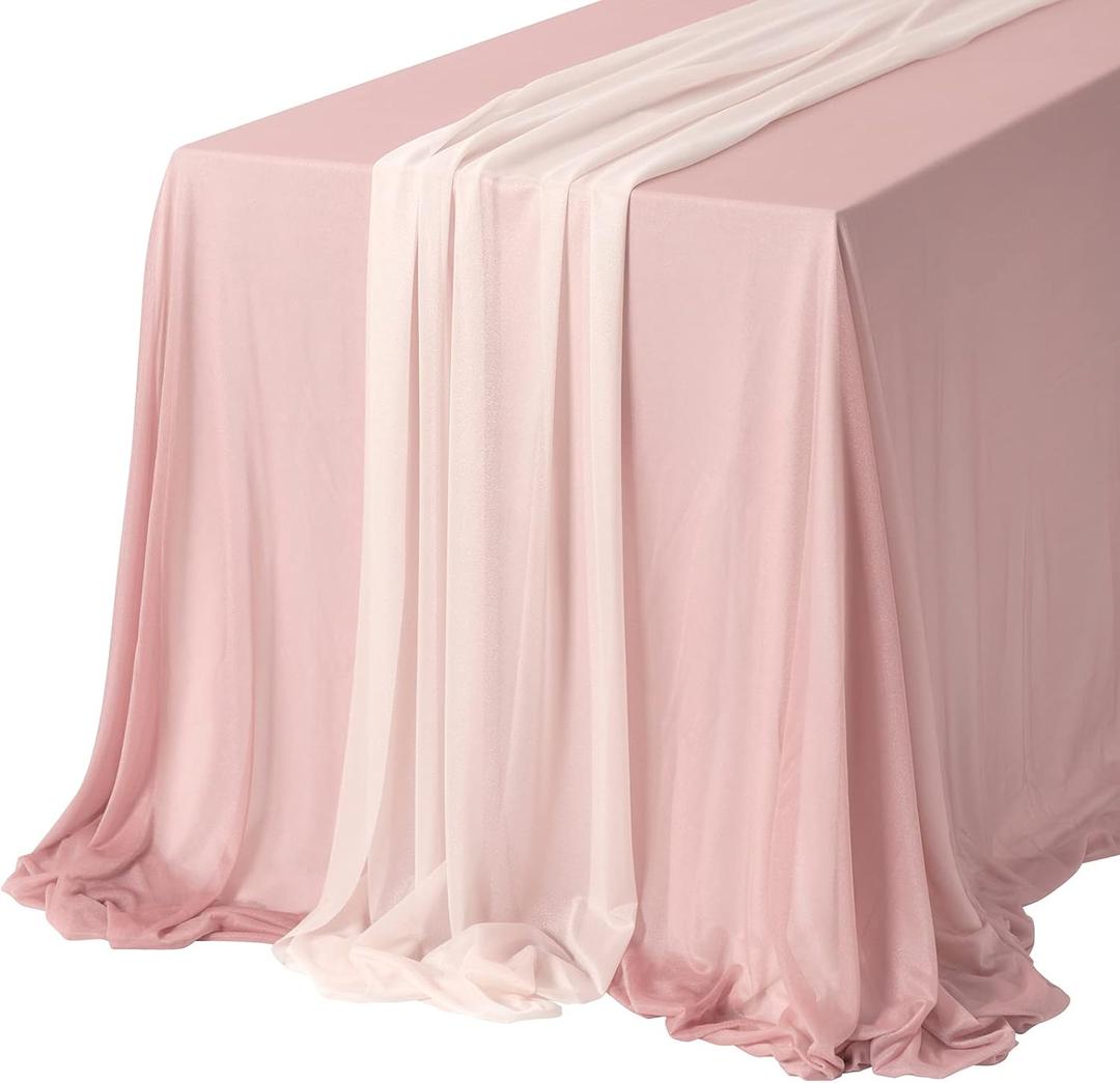 Ling's Moment Sheer Chiffon Table Cloth & Runner Set for 3x4ft Rectangle Table Decor in Dusty Rose & Blush for Wedding Reception and Parties (9ft x 10ft)