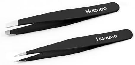 2-Pack Professional Stainless Steel Tweezers for Women and Men，Precision Slant and Pointed Tip Tweezer Set for Eyebrow，Facial Hair，Splinter and Ingrown Hair Removal (Black)