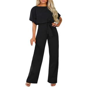 Happy Sailed Womens Loose Short Sleeve Belted Wide Leg Pant Romper Jumpsuit Business Casual One Piece Outfits (Small, A Black)
