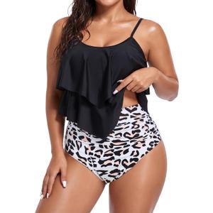 American Trends High Waisted Tankini Swimsuits for Women Flounce Top Tummy Control Bathing Suits (12-14, 08 Black Leopard)