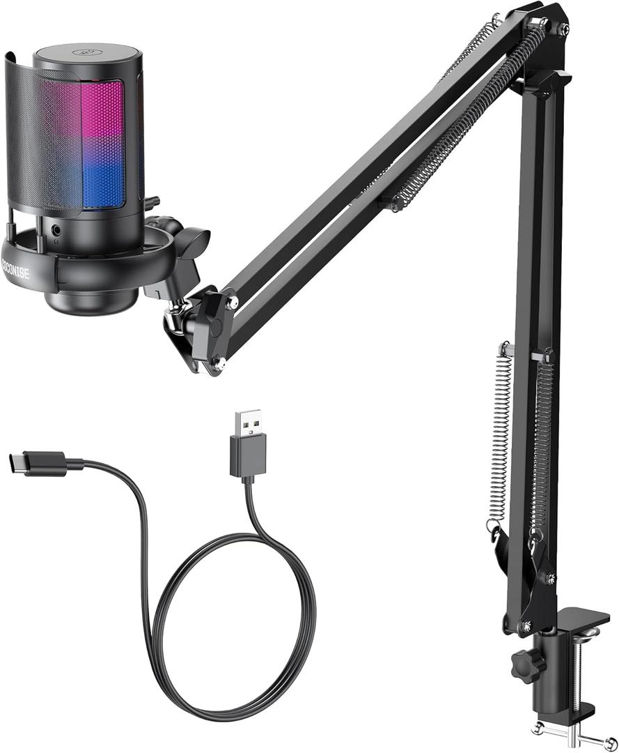 Gaming Microphone, USB PC Mic for Podcasts Videos, Streaming, Condenser Mic with Quick Mute, Tripod Stand, Pop Filter, RGB Indicator, Shock Mount, Rotate gain button, Compatible with PS4/5/PC (With Boom Arm)