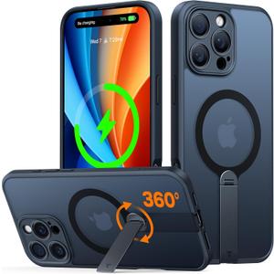 TORRAS Upgraded 360 Rotable Stand Magnetic Case for iPhone 16 Pro Max Case, Full Camera Protection, Fit for MagSafe,16FT Mil-Grade Drop Protection for iPhone 16 Pro Max (6.9"), Black Titanium