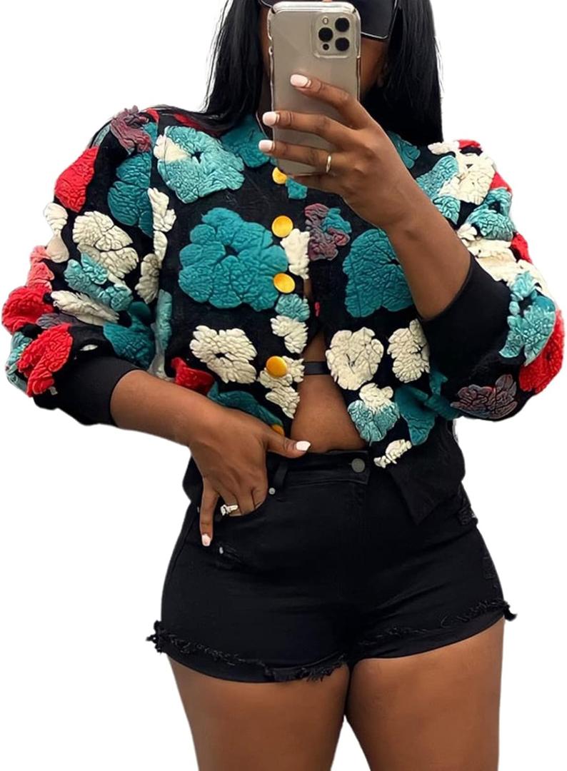 Angsuttc Women's Cropped Floral Bomber Jacket Puff Sleeves Lightweight Fleece Shacket Button Down Varsity Coat Outwear (Black&blue)