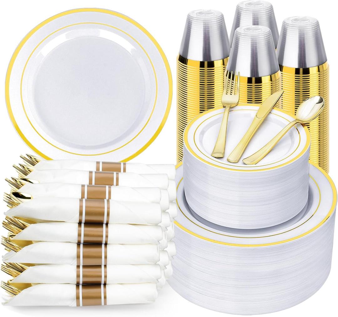 700PCS Gold Plastic Dinnerware Set for 100 Guests, Disposable Plates for Party, Include: 200 Plastic Plates, 100 Pre Rolled Napkins with Gold Silverware, 100 Cups for Christmas, Halloween