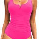 Tempt Me Womens One Piece Swimsuit - Tummy Control Bathing Suit V Wired Ribbed Full Coverage 2025 Swimwear (Small, Neon Pink)