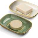 2 Pack Ceramic Soap Dish for Cleaner Shower, Decorative Soap Holder for Bar Square Shampoo or Sponge, Cute Shower Soap Dish Soap Saver Tray Container for Bathroom Kitchen Sink, Easy to Clean