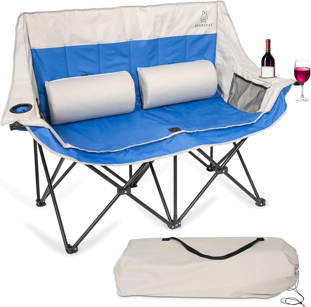 Double Camping Chair  Foldable Chair with Lumbar Support Cushions and Carry Bag  Padded Portable Heavy-Duty Loveseat with 4 Mesh Pockets, 2 Cup Holders, Wine Glass Holder