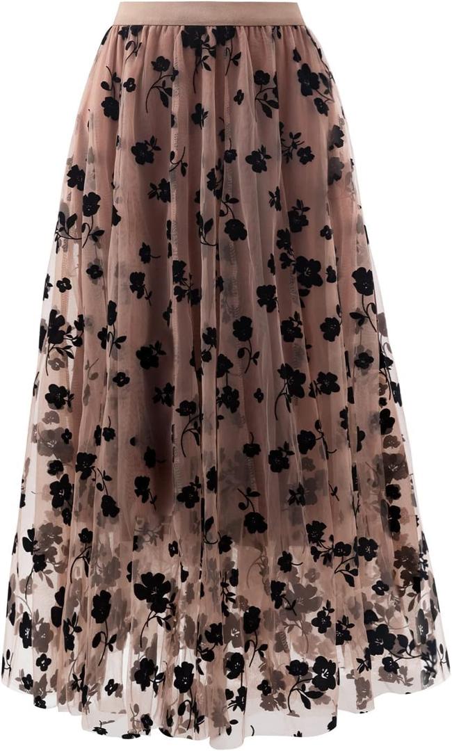 Reaowazo Skirts for Women Midi Long Length Dressy Casual Trendy Summer Tulle A-Line Floral High Waist Skirt Khaki S-M
