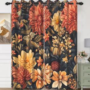 Vintage Floral Window Curtains Retro Chrysanthemum Flower Colorful Boho Style Exotic Blackout Curtain for Modern Elegant Living Room Bedroom Decor Window Treatment Curtain 2 Panel, 52x72 Inch