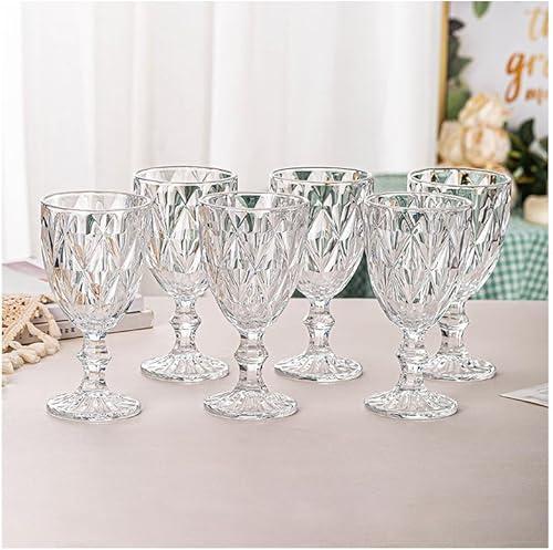Vintage Wine Glasses Set of 6, Plastic Reusable 12 Ounce Colored Water Goblets, Unique Embossed Pattern Unbreakable Stemmed Wine Glasses High Clear Wedding Party Bar Drinking Cups Clear
