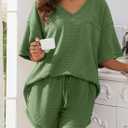Dokotoo Women's 2 Piece Loungewear Sets Casual Short Sleeve Womens Tops Drawstring Shorts Pants Waffle Knit Sets (Medium, Fern Green)