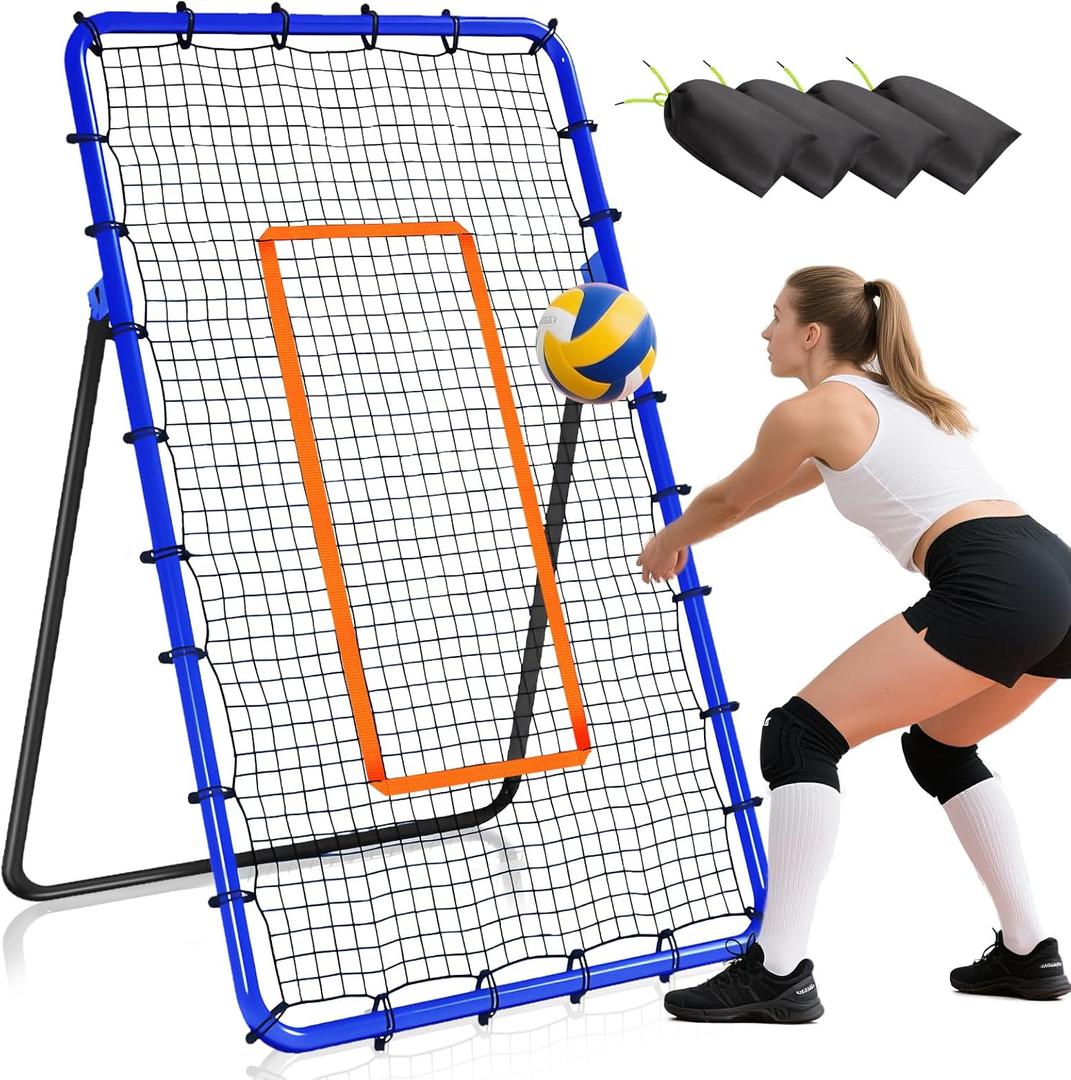 Volleyball Rebounder Net, 5 Angles Volleyball Bounce Back Training Equipment with Durable Sandbags & Metal Stakes for Lacrosse, Baseball, Soccer Practicing - 7x4 Ft (Blue)