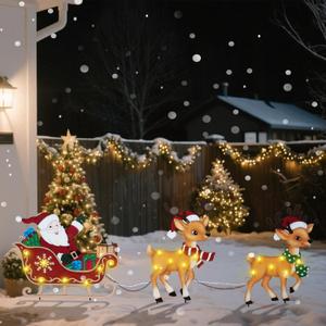 WONDER GARDEN Christmas Metal Yard Stakes, Lighted 3 Pack Christmas Garden Stakes Yard Signs, Outdoor Decorations with Santa Sleigh and Reindeer for Lawn Party Outside