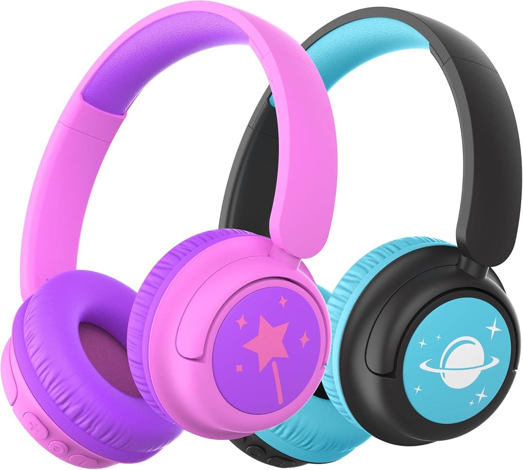 iClever BTH22 Kids Bluetooth Headphones 2 Pack, 60H Play Time, 74/85 dBA Safe Volume, Bluetooth 5.4, USB C, Over Ear Kids Headphones Wireless AUX Cord for iPad/Tablet/Travel/School, Purple & Black