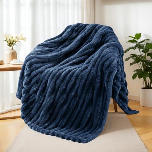 Exclusivo Mezcla Fleece Throw Blanket for Couch, Super Soft Striped Jacquard Bed Blanket, Lightweight Fuzzy Cozy for All Seasons, 50x60 Inches, Navy Blue