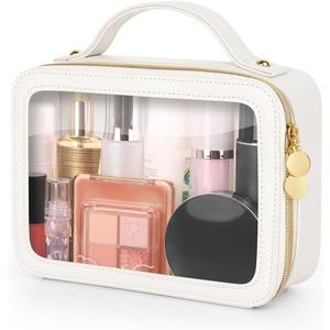 Clear Makeup Bag, Portable Travel Cosmetic Bags, Multipurpose Leather Toiletry Bag with Zipper, Waterproof Transparent Cosmetic Organizer for Women, Medium, Beige
