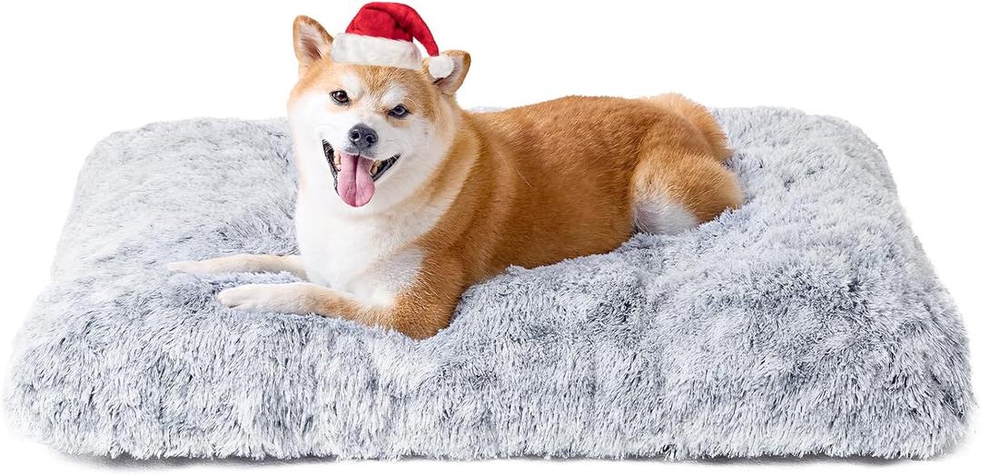 EHEYCIGA Fluffy Dog Crate Bed for Large Dogs, Plush Faux Fur Pad, Calming Anti Anxiety Large Bed, Washable Soft Warm Dog Crate Mat with Non-Slip Bottom (35.4 x 23.6, Grey)