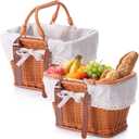 2 Pack Natural Wicker Picnic Basket, Woven Rattan Basket with Handles and Removable Garden Harvest Hamper Storage Empty for Wedding Baby Shower Picnics Gifts Candy Fruit Storage(Dark Brown)