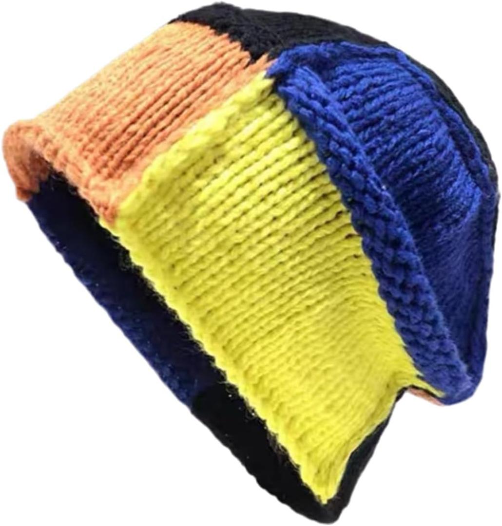 Crochet Beanie for Women Handmade Boho Slouchy Hat with Color Block Design Soft Skull Cap for Daily Casual Wear (Black)