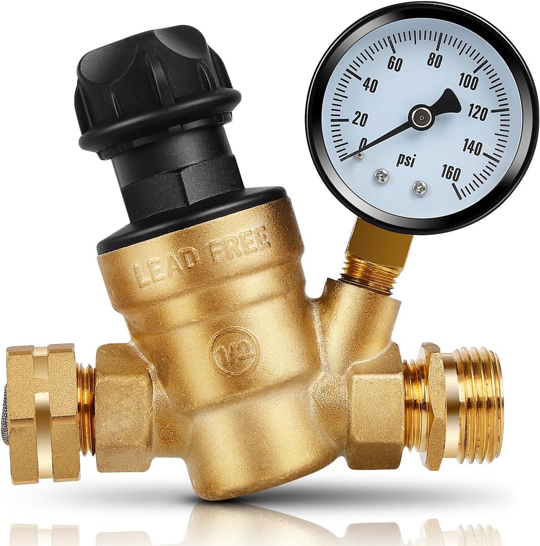 RV Water Pressure Regulator for RV Camper, 3/4" Upgraded Brass Lead-Free Adjustable Water Pressure Reducer with Gauge and Inlet Screen Filter for RV Camper Travel Trailer Accessories 0-160 PSI