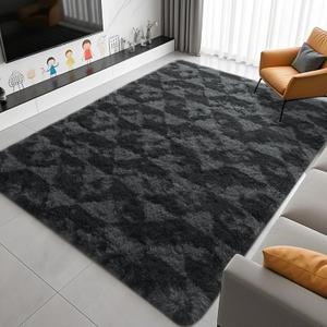 ISEAU 9x12 Area Rug for Living Room, Dark Grey Geometric Pattern Plush Rug for Bedroom, Kitchen, Soft Shaggy Carpets, Fluffy and Machine Washable Mats, Nursery Floors Mat, Boys Room Carpet Decor