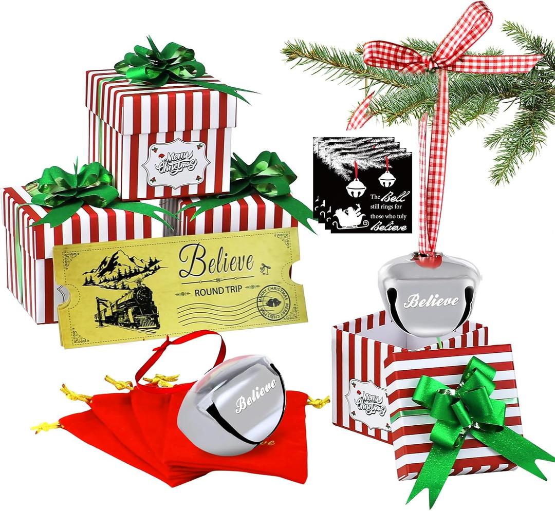 4 Set Polar Express Decorations Gift Box, Christmas Believe Bell Ornaments, 2.3" x 2.7" Sleigh Bell with Personalized Train Ticket and Red Bag