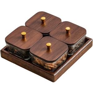 Square Glass Snackle Box Container Snack Organizer and Fruit Platter with Walnut Wooden Lids and Tray Divided Serving Tray for Nuts Candy Fruits (4 Jars)