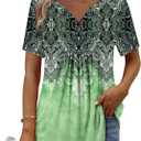 BETTE BOUTIK Womens Short Sleeve Tunics V Neck Button Down Shirts Blouse Tops Pullover (Green, XL)