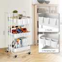 3 Tier Rolling Cart with Metal Handle, Table Top, Hanging Cups, Hooks, Plastic Storage Baskets& Wheels Lockable, Utility Cart for Bathroom Classroom Office Kitchen Pantry Organizers and Storage, White