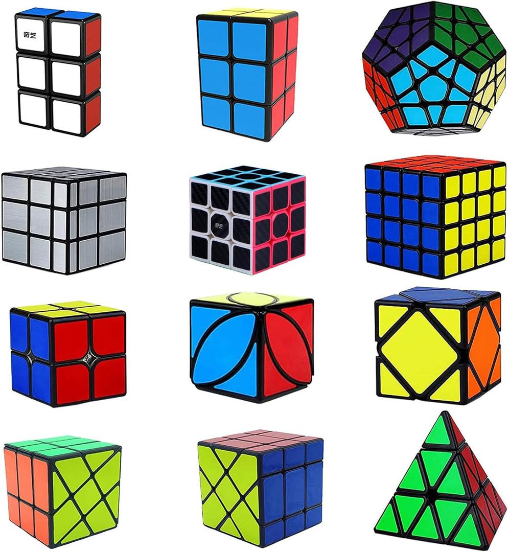 Ahyuan Speed Cube Set 12 Pack Magic Speed Cube Bundle 1x2x3 2x2x2 2x2x3 3x3x3 4x4x4 Cube Pyramid Triangle Cube Mirror Skew Axis Windmill Ivy Megaminx Cube Toys for Kids & Adults (Style A)