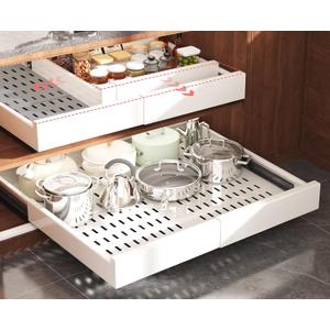 Seinloes 2 Pack Pull Out Cabinet Organizer Expandable Width(15"-25") and Depth(17"-24"),Slide Out Drawers With Raising Pad for Framed Cabinets,No Drill Roll Out Shelves for kitchen,Bathroom,White