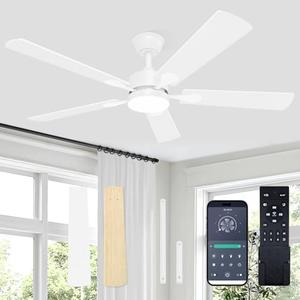 VOLISUN Ceiling Fan with Light, 52 inch Flush Mount Ceiling Fan with Lights and Remote, Dimmable LED Fan Light, Low Profile Ceiling Fan, White Modern Ceiling Fan for Bedroom, Indoor/Outdoor