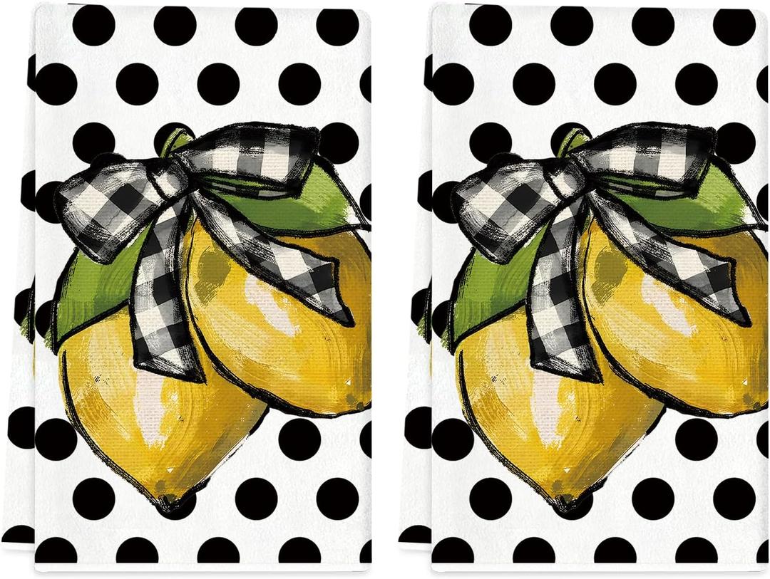 TAJWE Summer Kitchen Towels 18x26 Inch Set of 2 Lemon Dots Dish Towels Farmhouse Seasonal Decorative Hand Cloths for Kitchen Decoration White