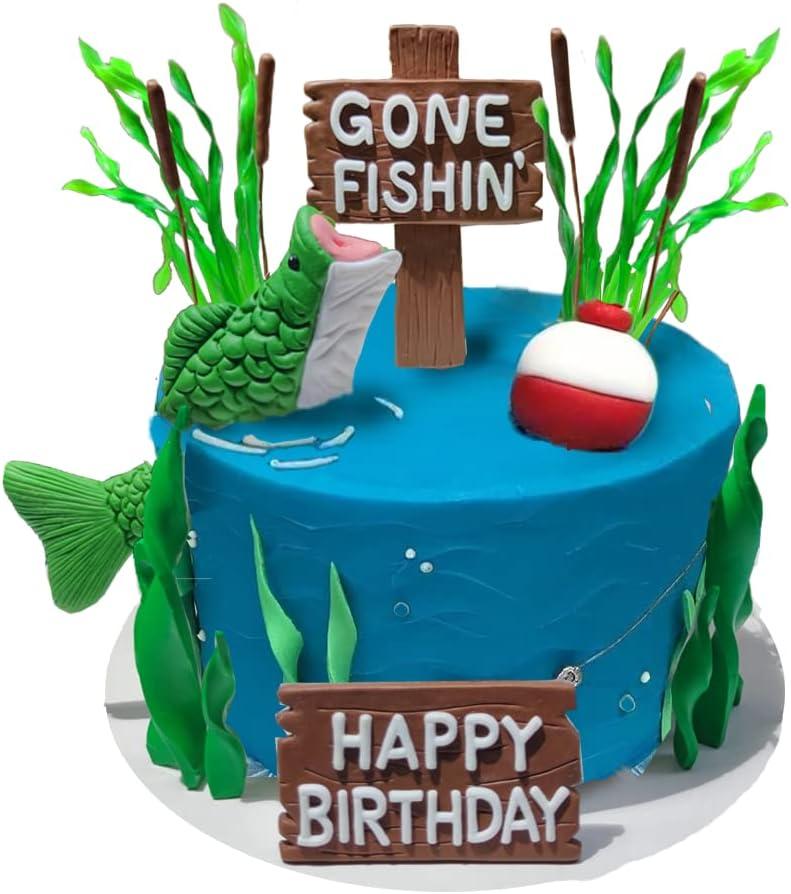 Fishing Cake Topper Gone fishing Cake with Bass Reed Happy Birthday Sign