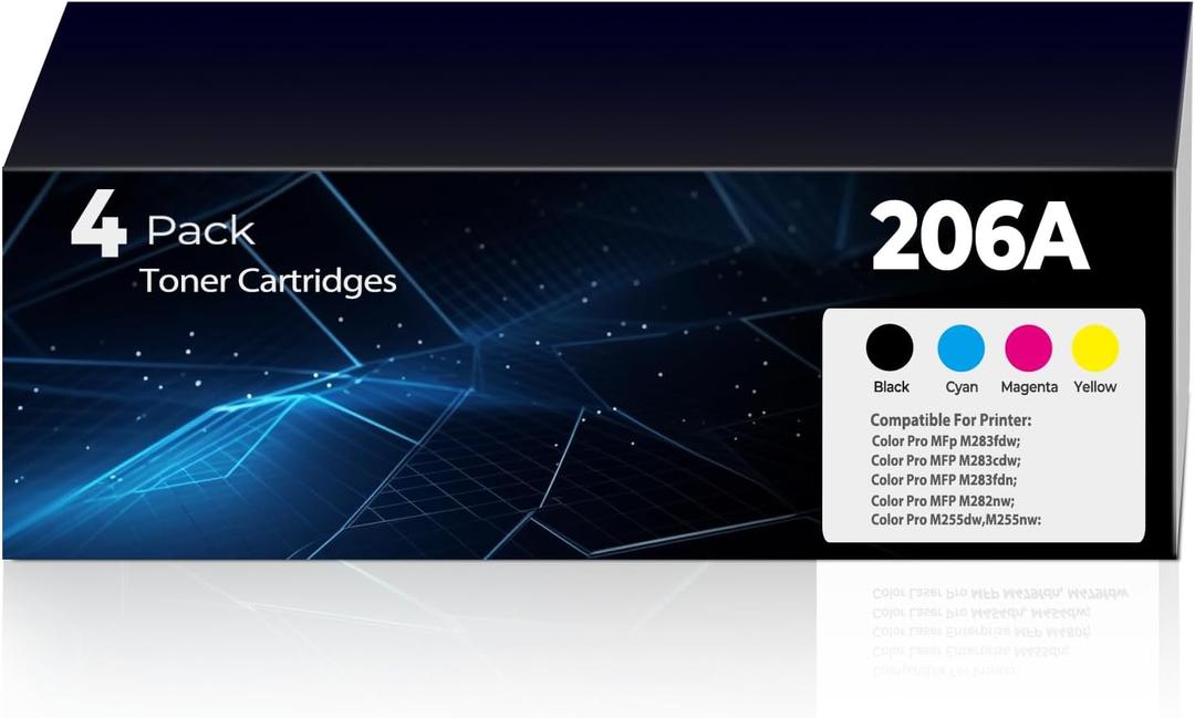 206A Toner Cartridges 4 Pack Pro MFP M283fdw M283cdw Compatible with HP 206A 206X HP206A W2110A Toner Cartridges Set(with Chip) for Color Laserjet Pro MFP M283cdw M283fdw M255dw M255nw Printer
