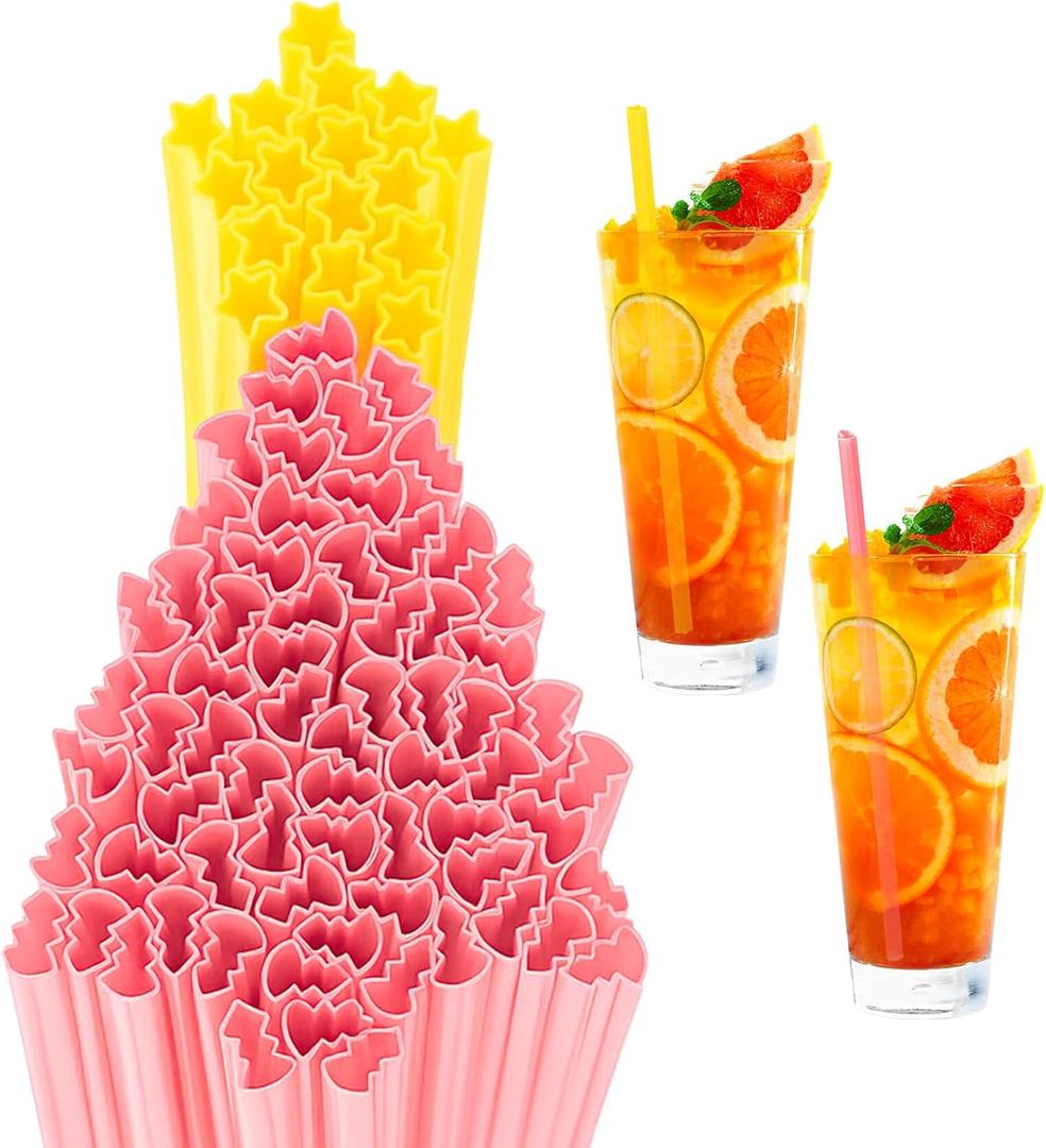 150 Pcs Christmas Star Tree Shaped Plastic Straws Disposable Drinking Straw Bulk for Cocktail Xmas Party Birthday Party Supplies (Yellow,Pink)
