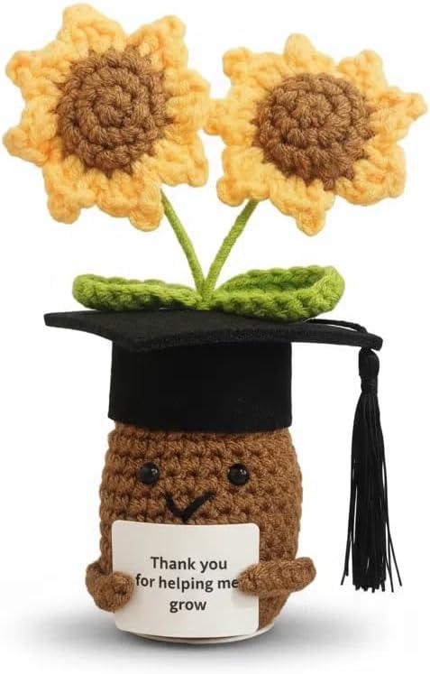 Teacher Appreciation Gifts – Cute Crochet Doll with Sunflowers & Graduation Cap – “Thank You for Helping ME Grow” Card – Teacher Gifts for Women, End of Year Teacher Gifts